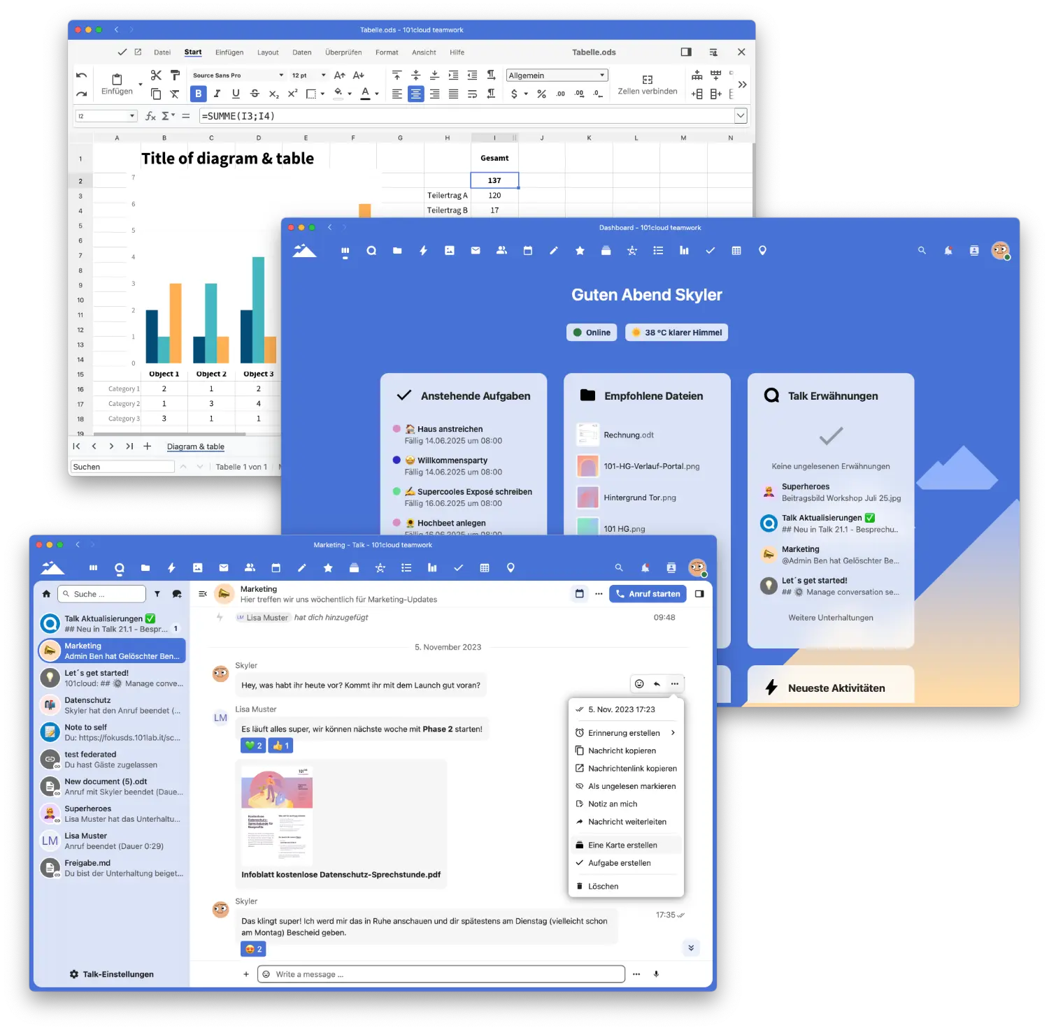 Ansichten verschiedener Anwendungen aus 101cloud Teamwork